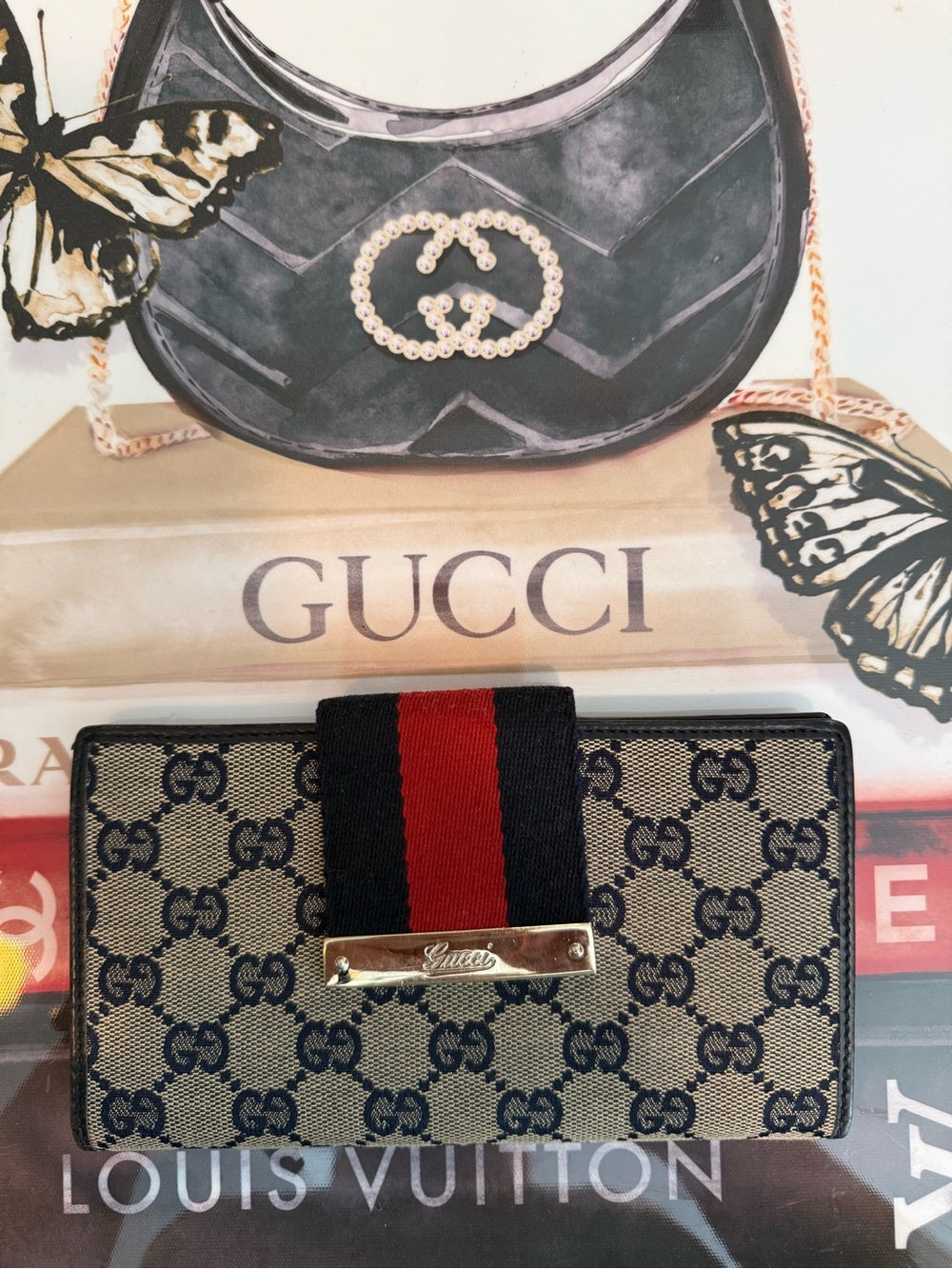 Gucci Beige Navy GG Canvas Wallet with Red-Navy Blue Web Stripe